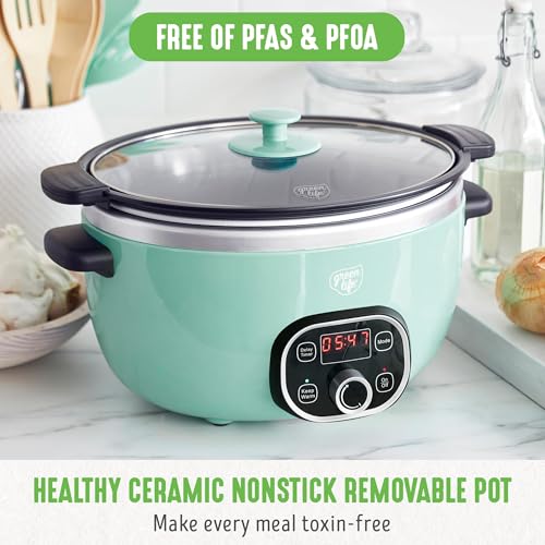 GreenLife 6QT Programmable Sluggish Cooker with Detachable Non-Poisonous PFAS-Free Ceramic Nonstick Bowl, Preserve Heat Operate, Stovetop and Oven Secure, Dishwasher Secure Elements, Timer,...