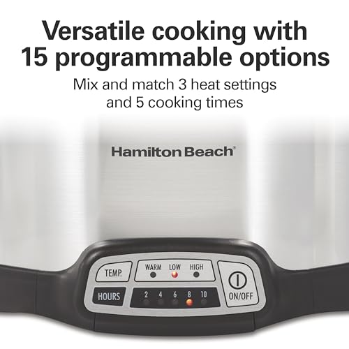 Hamilton Seaside 4-Quart Programmable Gradual Cooker with Versatile Simple Programming, 5 Cooking Settings, Dishwasher-Secure Crock and Lid, Silver